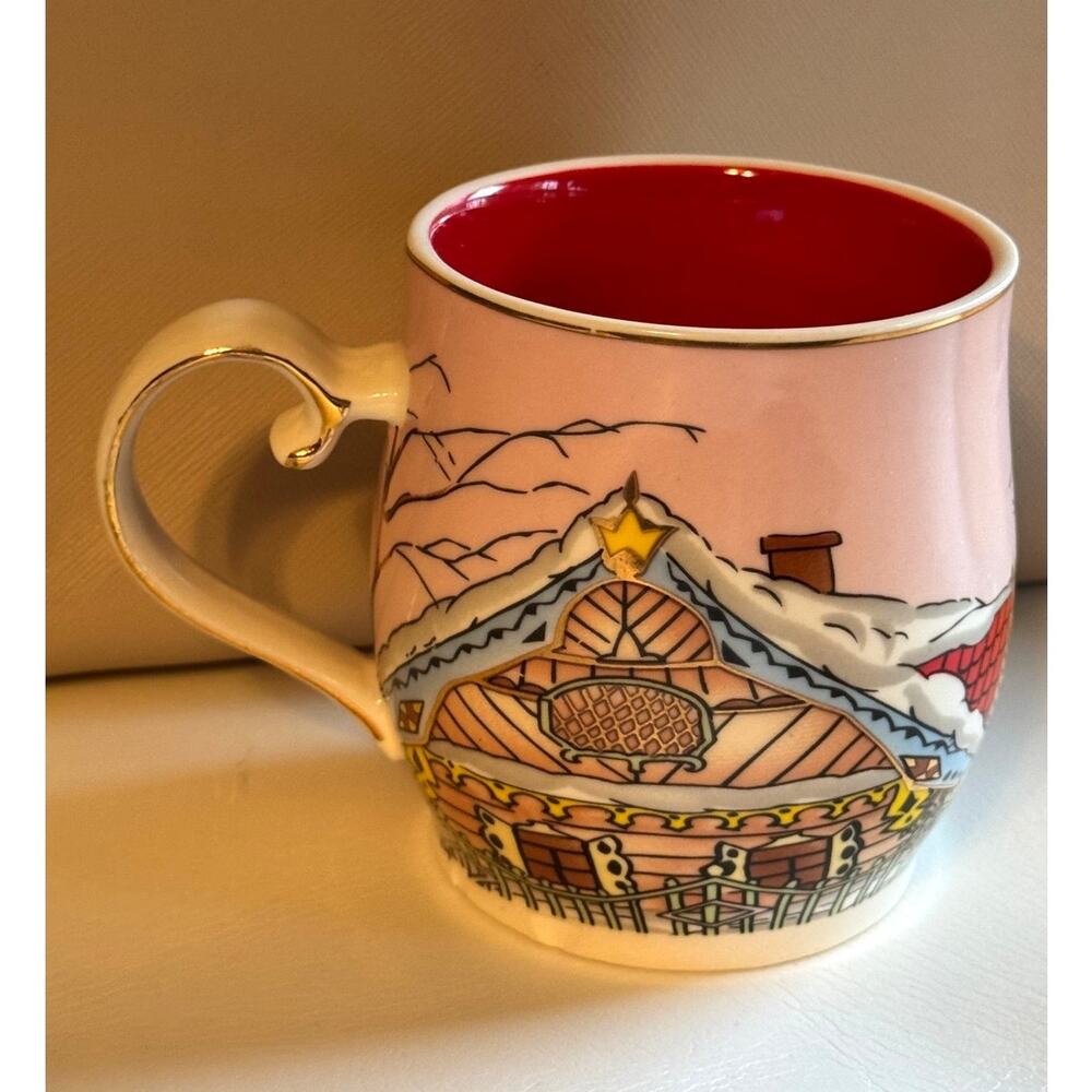 Grace · Winter Village · Fine Ceramic Holiday Mug · Pink/Red